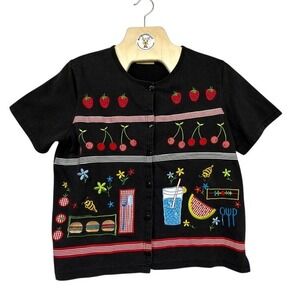 Onque Casuals Embroidered Picnic‎ Shirt Women's M Novelty Fruit Button Top